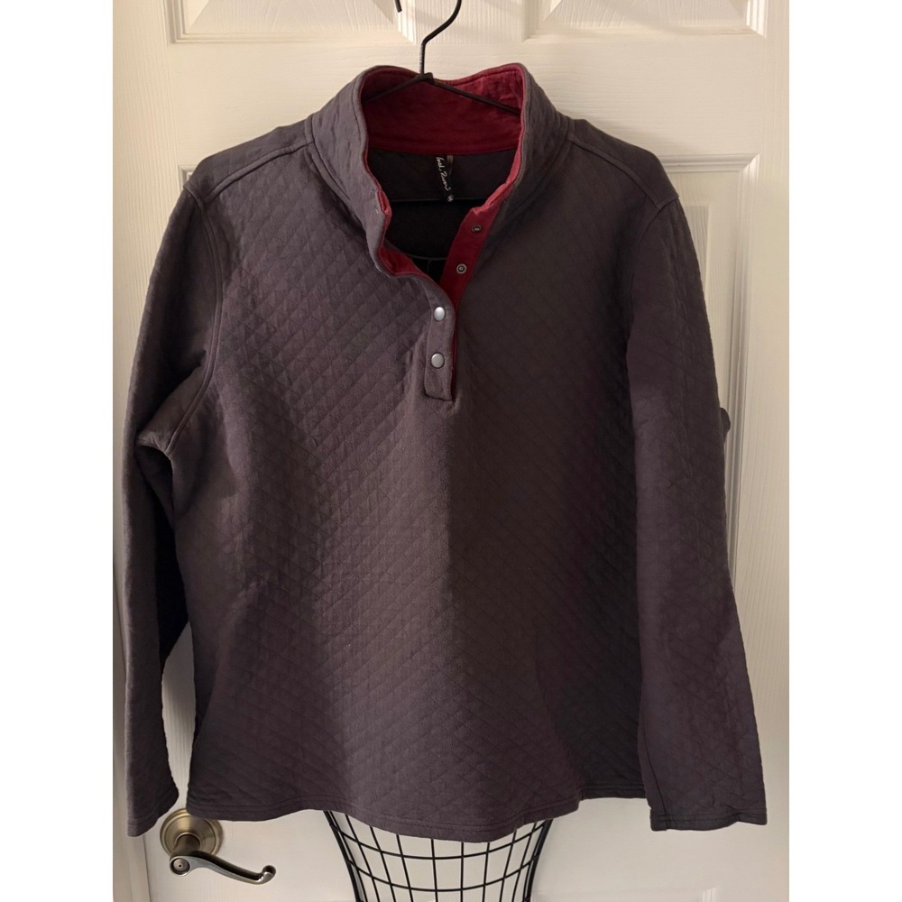 North River Women's Charcoal Quilted Snap Neck Pullover Burgundy Trim